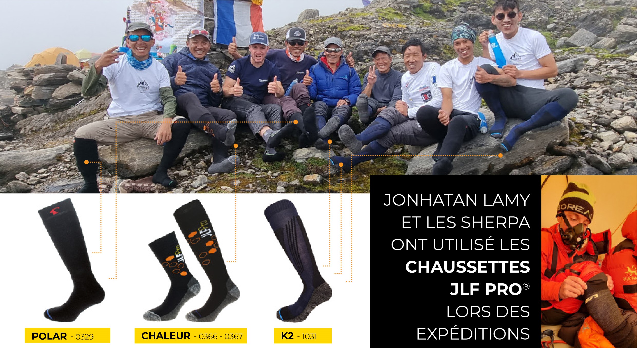 Ascension everest par jonathan lamy avec les produits JLF Pro chaussettes et gants